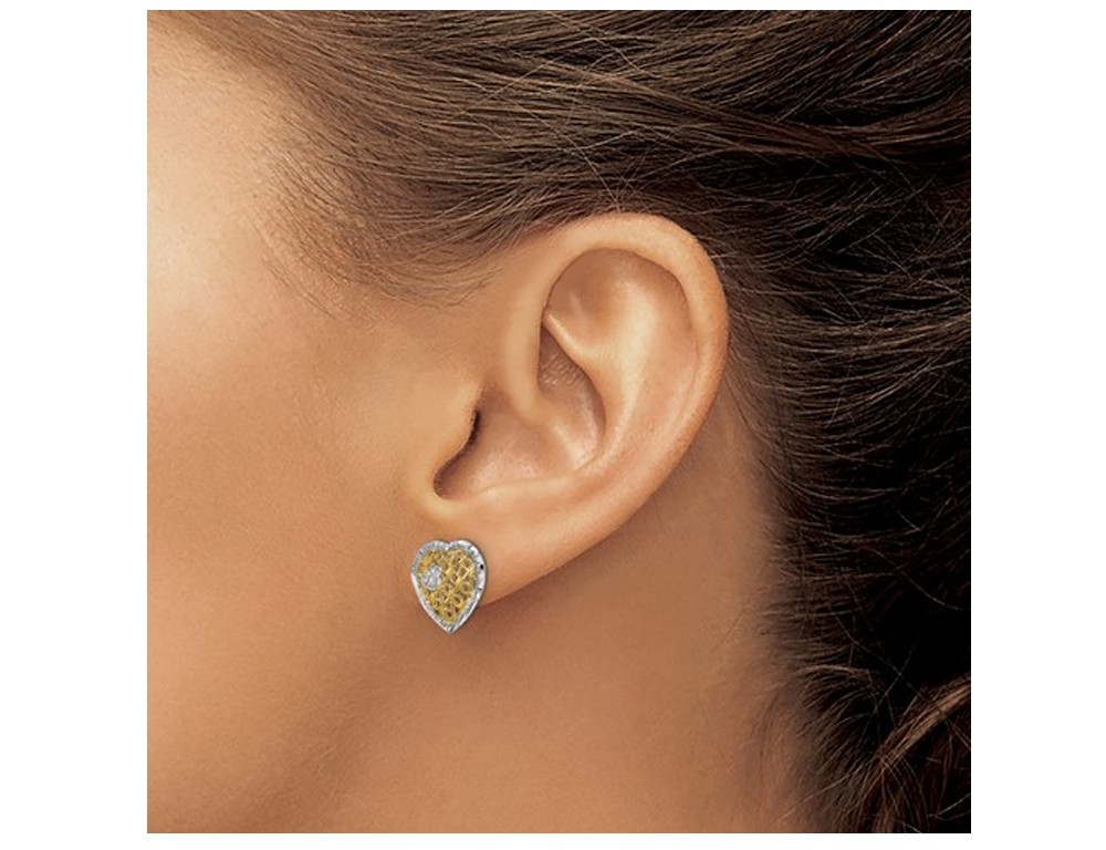 14K Yellow and White Gold Filigree Heart Post Earrings