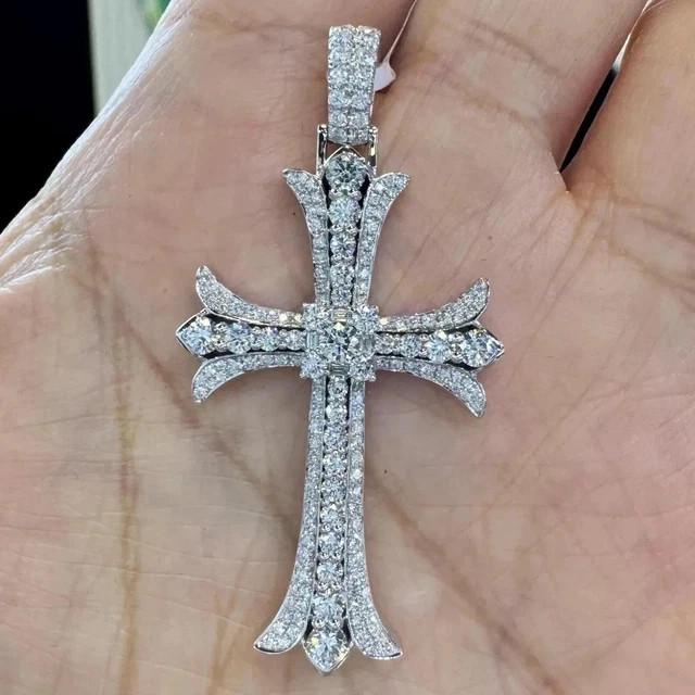 4Ct Round Cut Real Moissanite Mens Womens Cross Pendant in 14K White Gold Plated