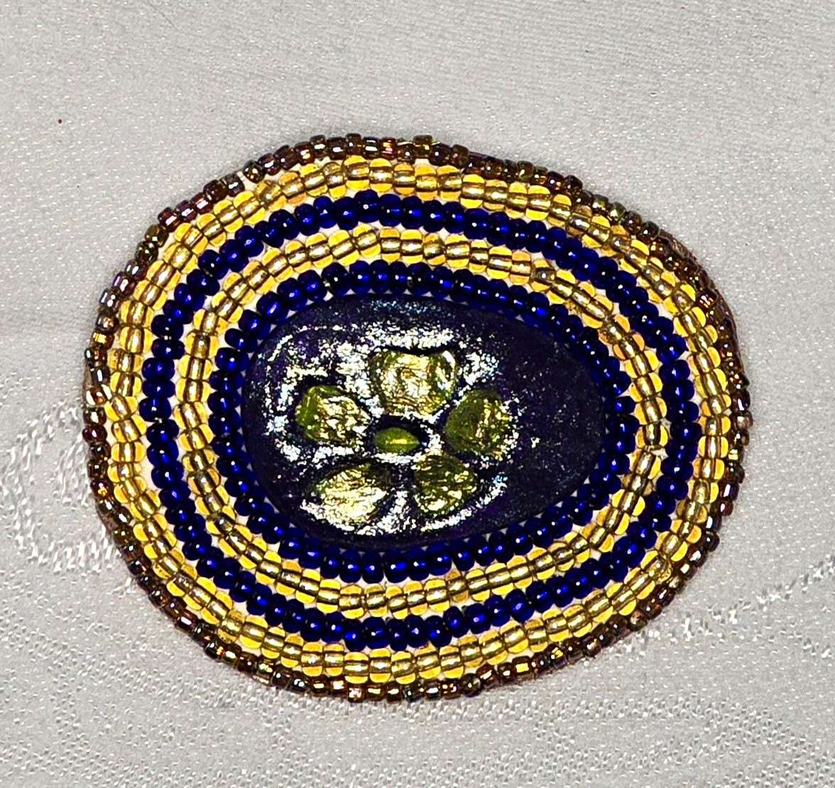 Oval Blue & Gold Beads Flower Brooch Pin, Beaded Design, 2 in x 1 1/2 in