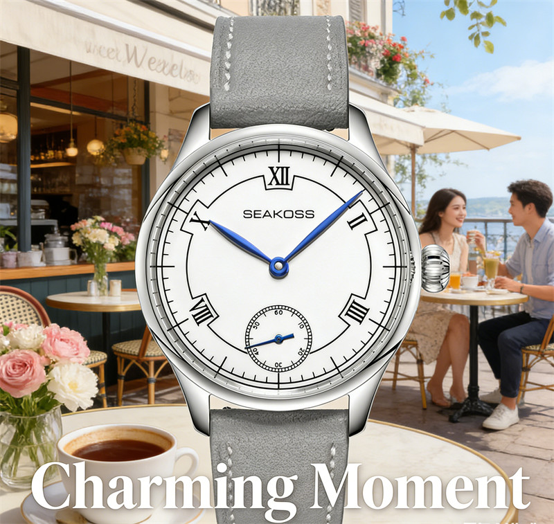 SEAKOSS Manual Wind Mechanical Watch White Roman Dial Blued Hands Small Second
