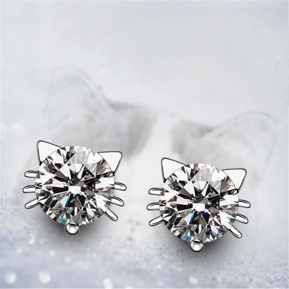 Cat Earrings Solitaire Pierced Stud Kitty Head Whiskers Silver Cubic Zirconia