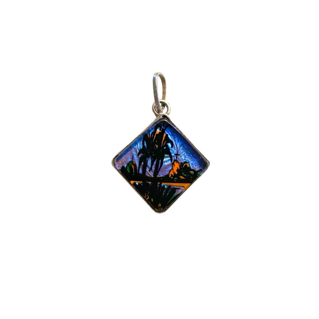 900 Silver Charm Pendant – Vintage Tropical Scene Landscape Cross Blue Morpho