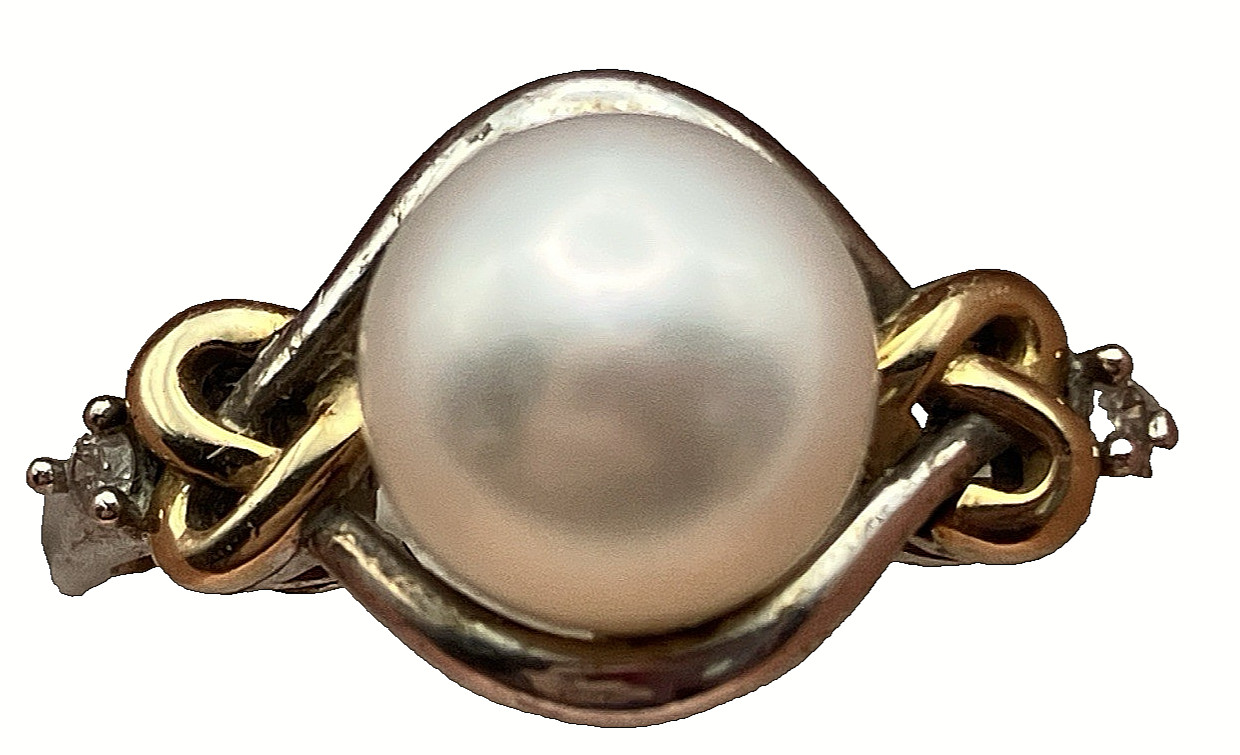 Vintage 14k & Sterling Silver 925 Pearl & Diamond Ring Size 7