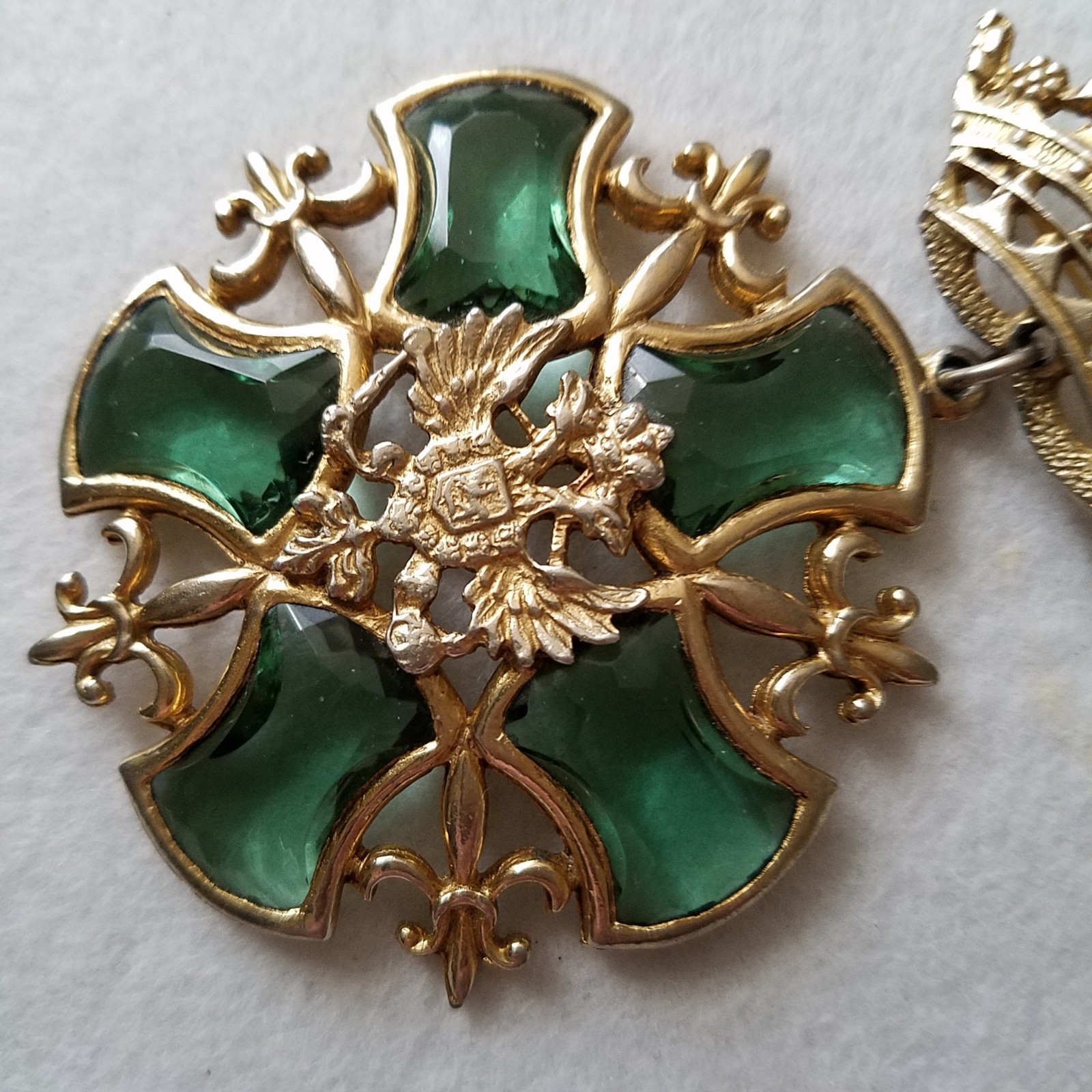 Vintage Crown Doubled-Headed Eagle Shield Green Rhinestone Fleur de Lis Brooch