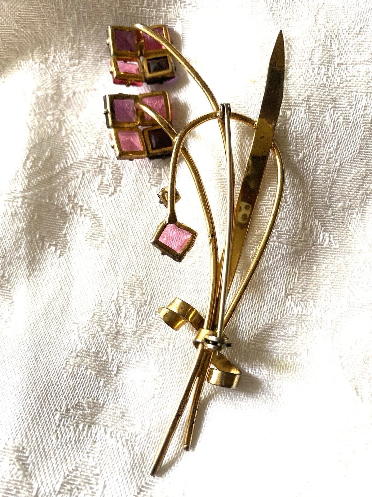 Vintage Art Deco Sterling Silver Floral Gold Plated Pink Stones Brooch