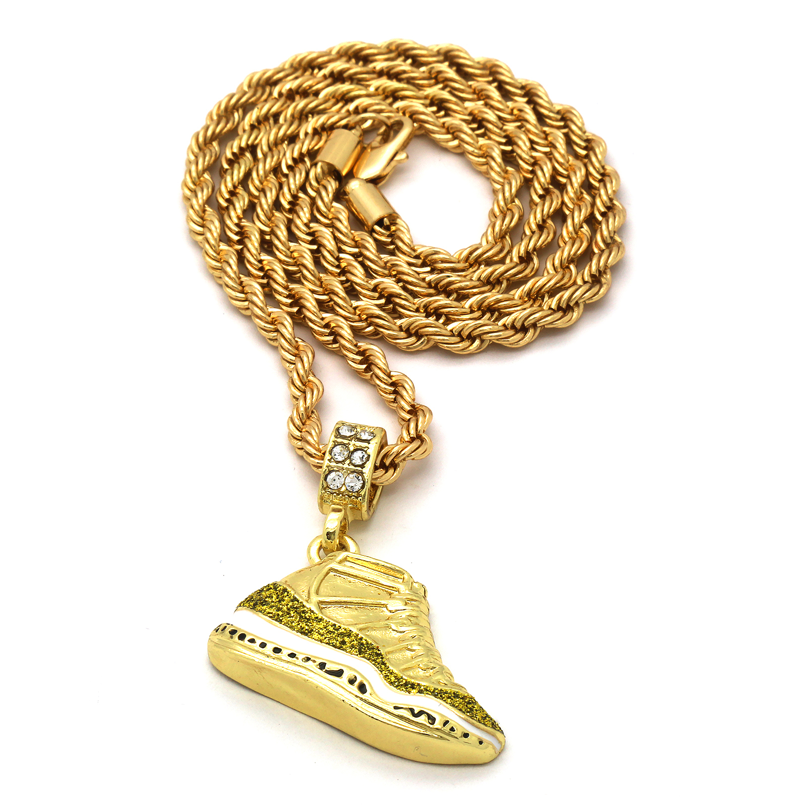 Mens 14k Gold Plated “Championship” Pendant Cubic-Zirconia 24″ Rope Chain