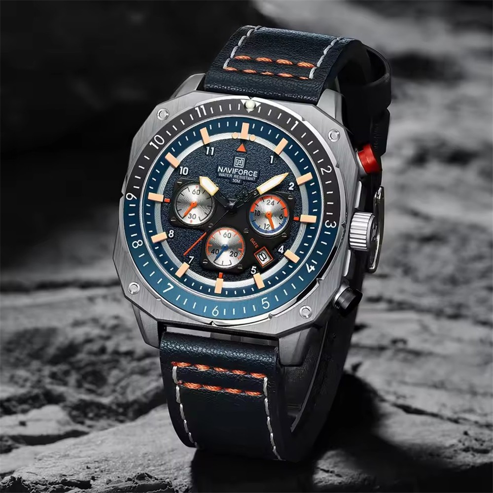 NAVIFORCE Men Watches Military Chronograph Square Watch Leather Date Wristwatch