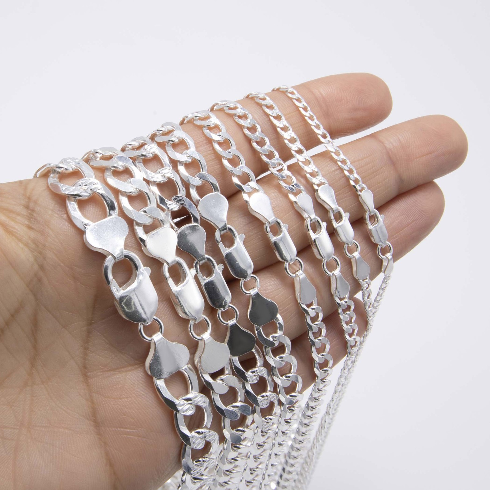 Diamond-Cut Reversible Curb Chain Solid Sterling Silver 925 Italy All Sizes
