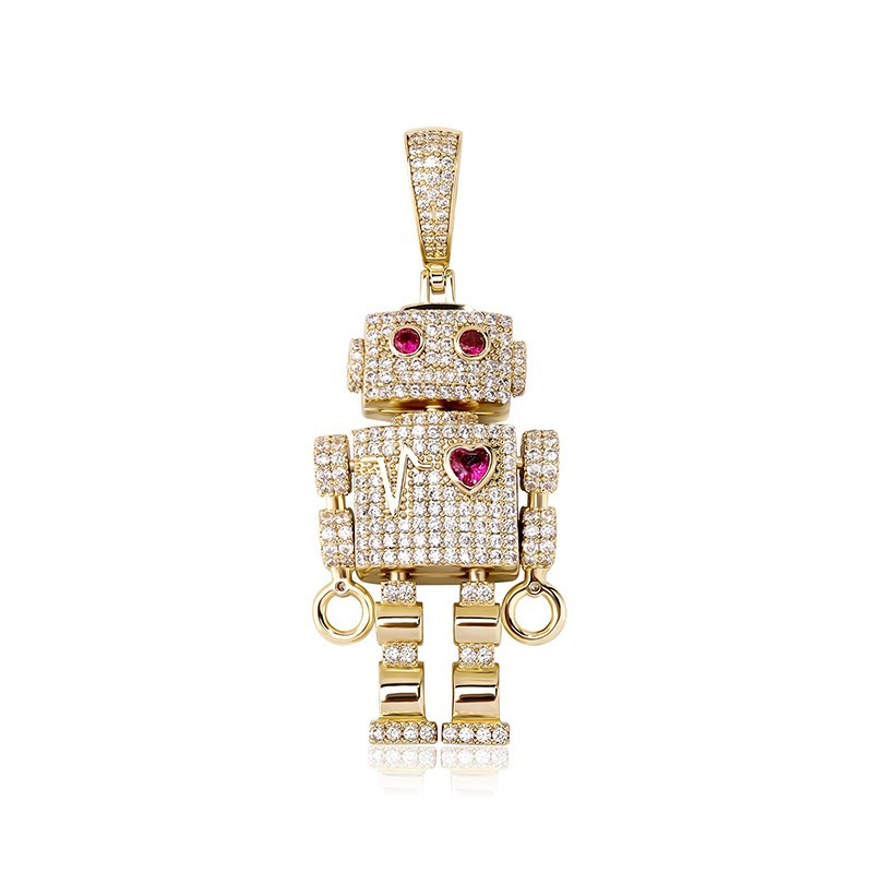 Hip Hop Iced CZ Bling Heart Robot Pendant Necklace Rapper Chain Jewelry