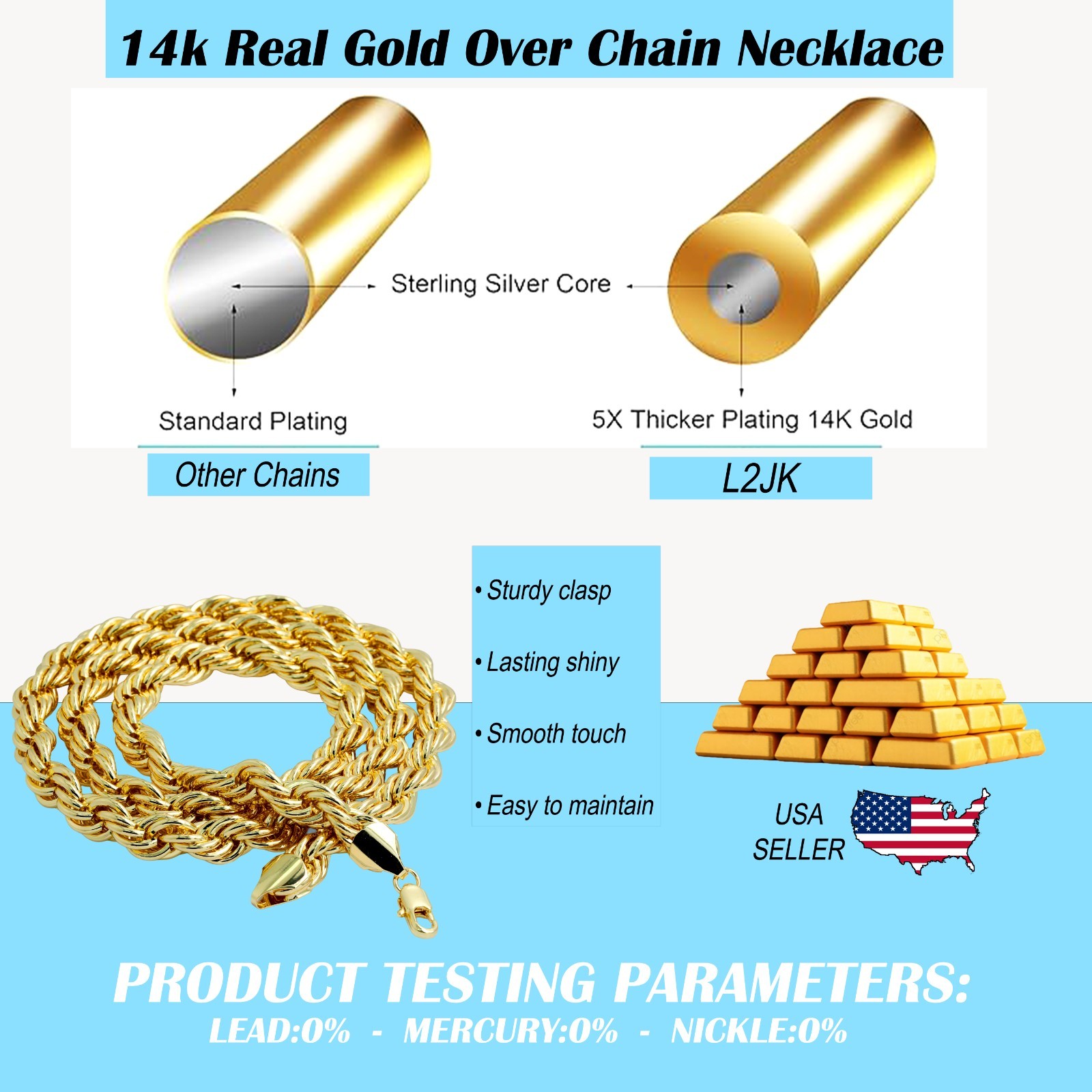 Rope Chain Necklace 10mm 30″ Gold Plated Silver Black & Rose Men Hip Hop Jewelry