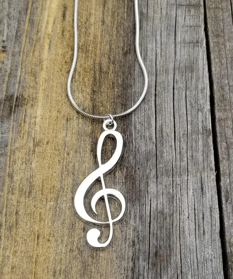Large Stainless Steel Treble Clef Pendant Necklace, Music Note Necklace