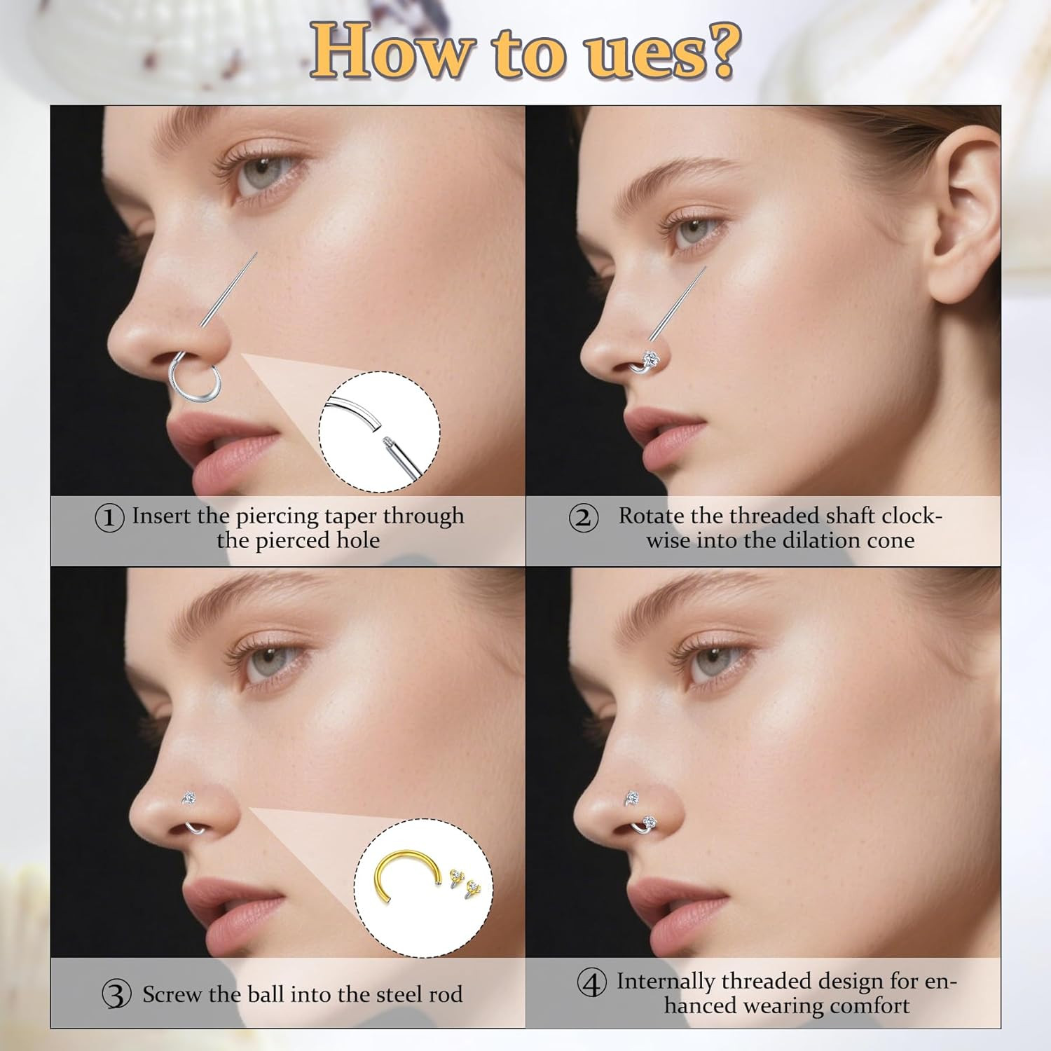 20G Nose Rings Hoops Nose Studs for Women Surgical Steel Hypoallergenic 20 Gauge