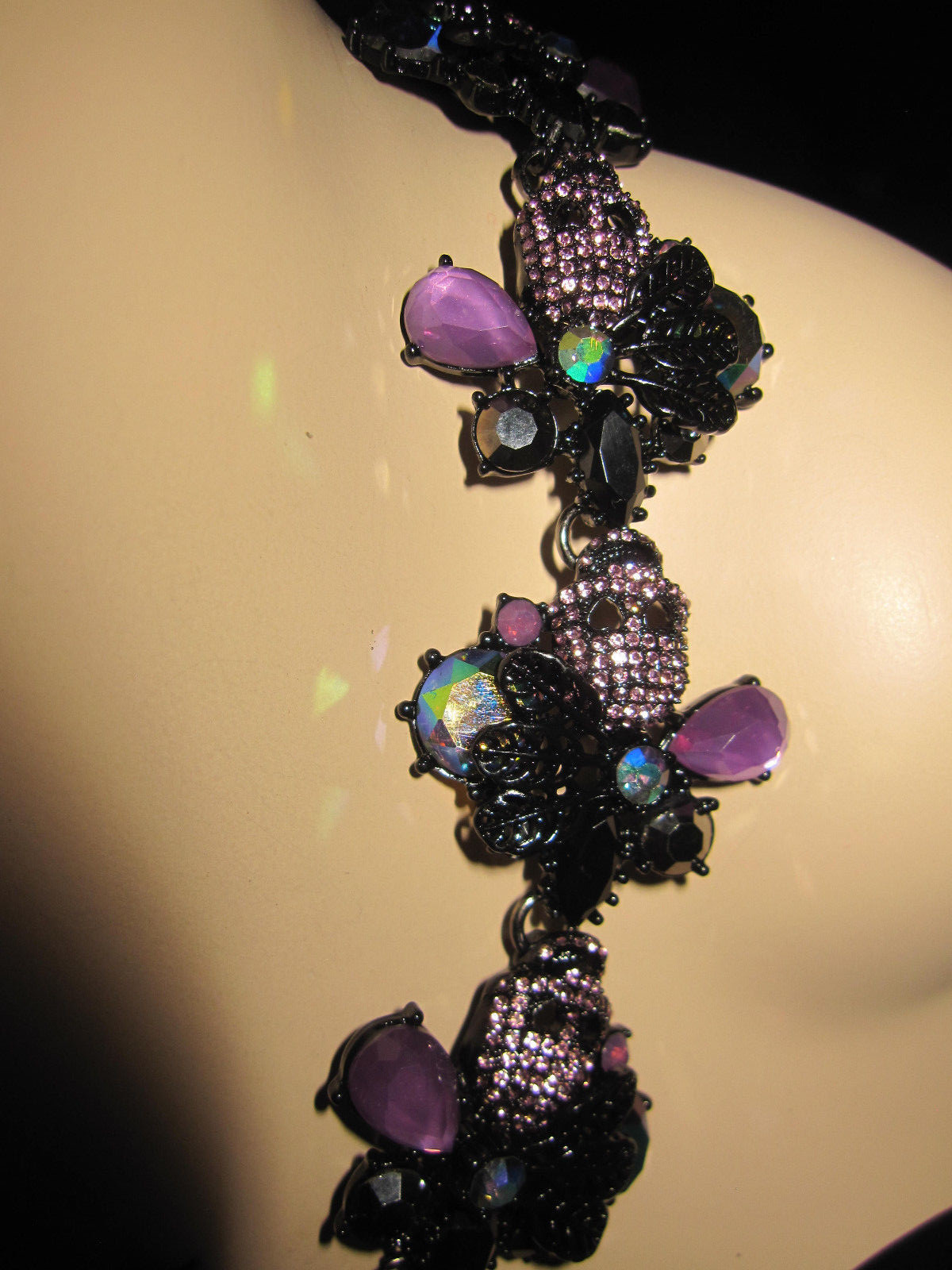 BETSEY JOHNSON DARK MAGIC BLACK WITH BLING SKULLS AND FLOWERS STATEMENT NECKLACE