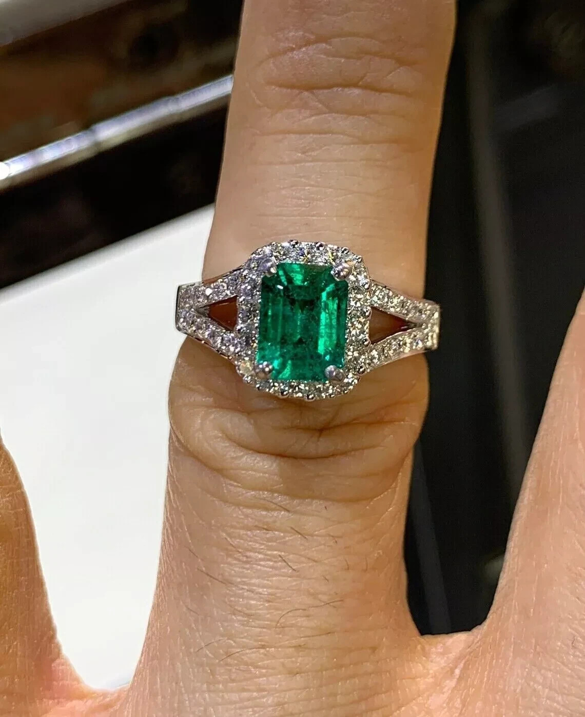 2Ct Emerald Cut Lab-Created Emerald Halo Engagement Ring 14K White Gold Plated