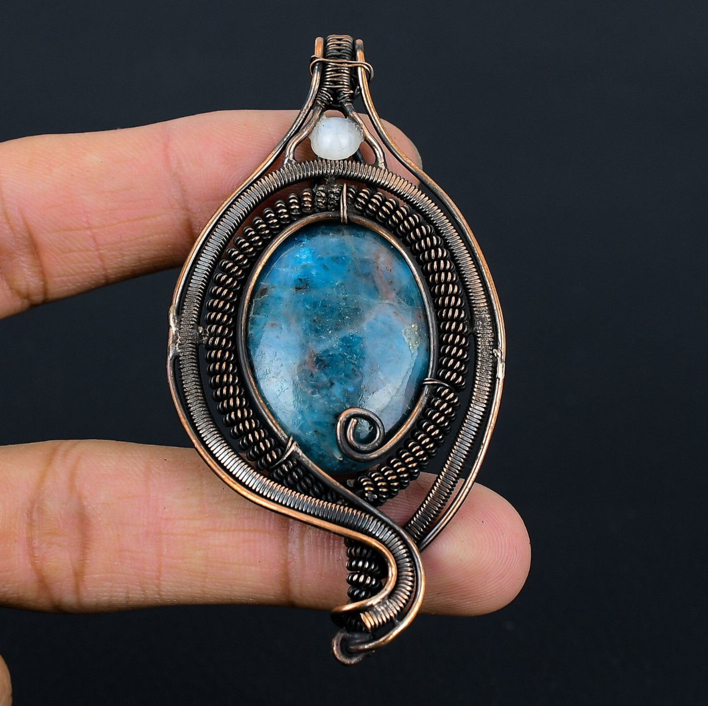 Neon Blue Apatite Handmade Gemstone Copper Wire Wrapped Jewelry Pendant