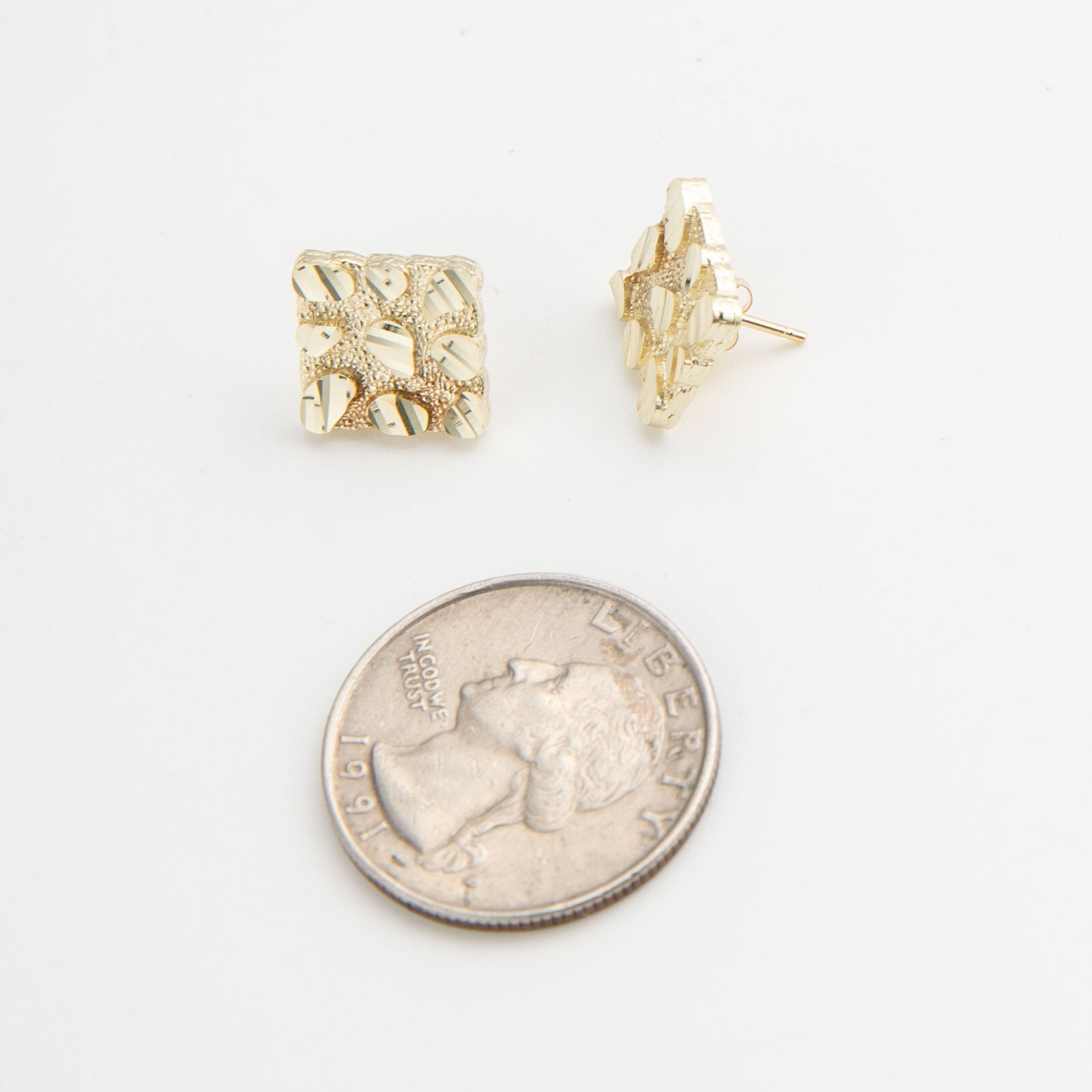 Solid 10K Diamond-Cut Square Nugget Stud Earrings Yellow Gold All Sizes