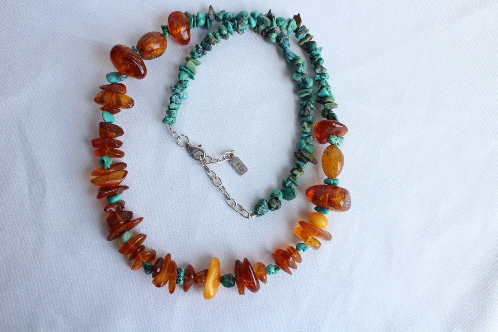Signed Peyote Bird Sterling Silver Genuine Amber Turquoise Beads Necklace 21.5”