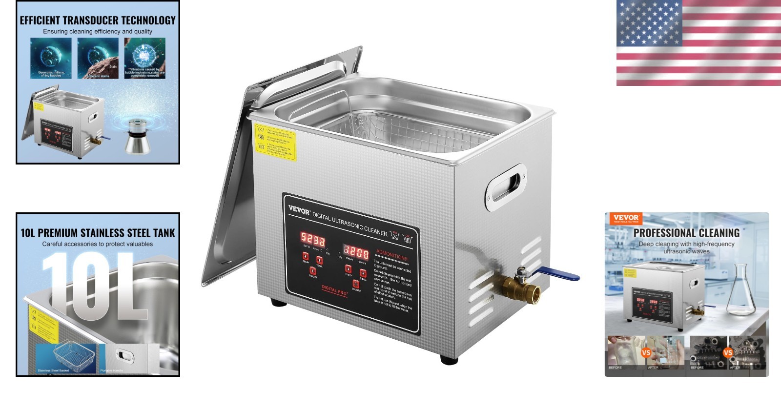 Ultrasonic Jewelry Cleaner 10L Digital Timer Heater Stainless Steel Versatile
