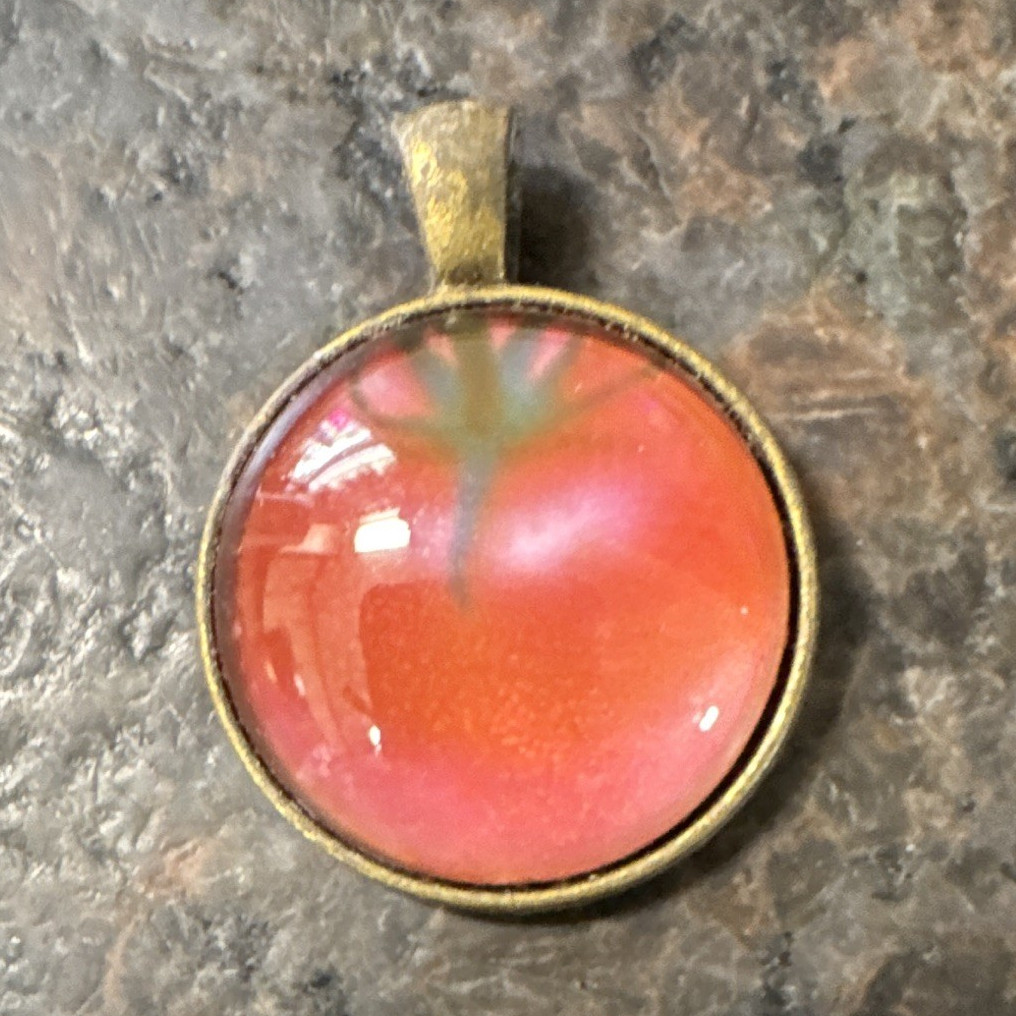Round Bezel Charm Pendant Gold Tone Metal Orange Pink Dome Cabochon