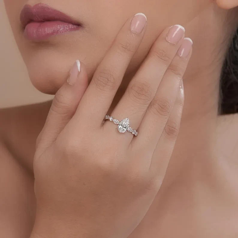 9K White Gold Pear Shape 1.77CT Lab Grown Diamond FG VVS-VS Elegant Bridal Ring