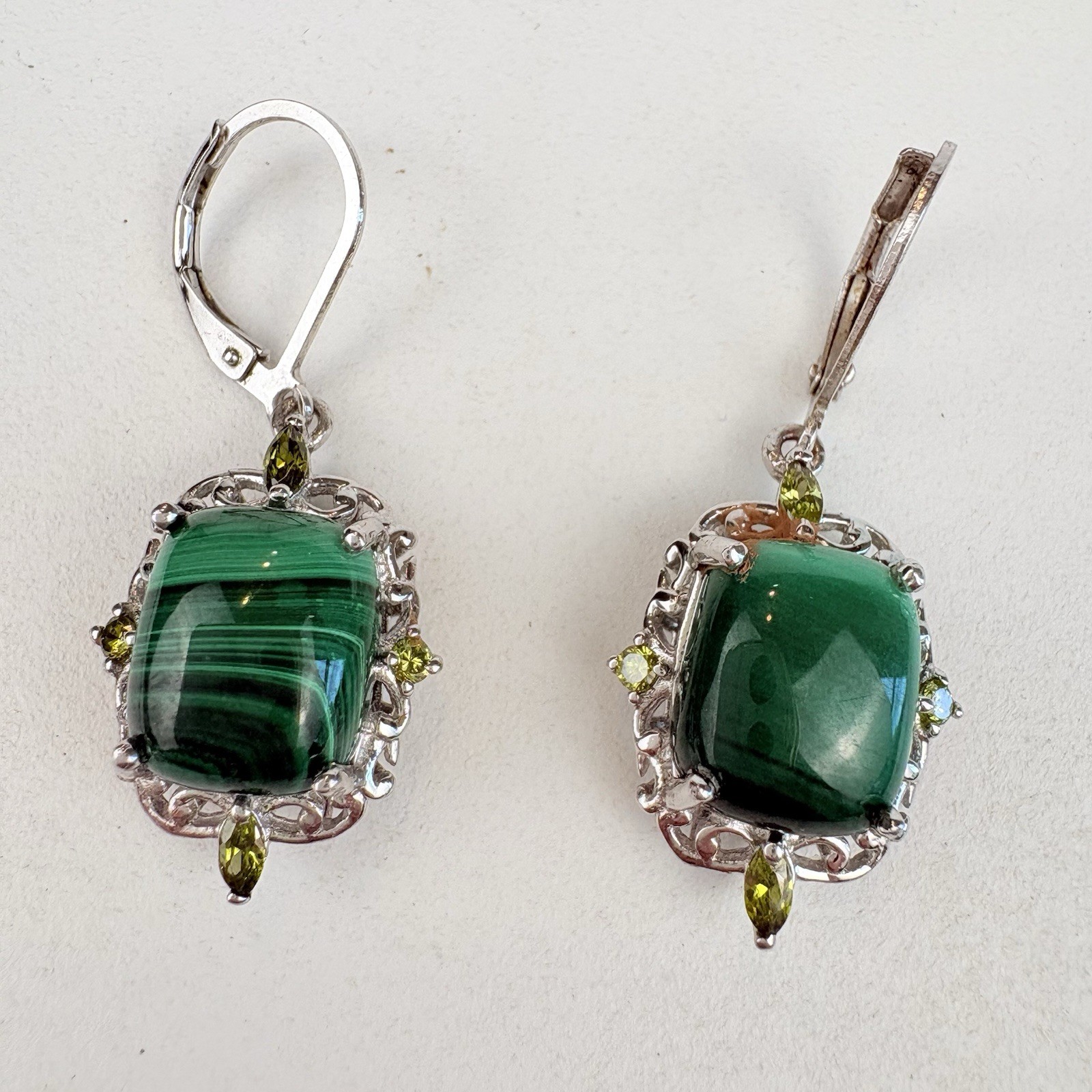 African Malachite-Peridot Karis STS Dangle Lever Back Earrings Platinum Plated