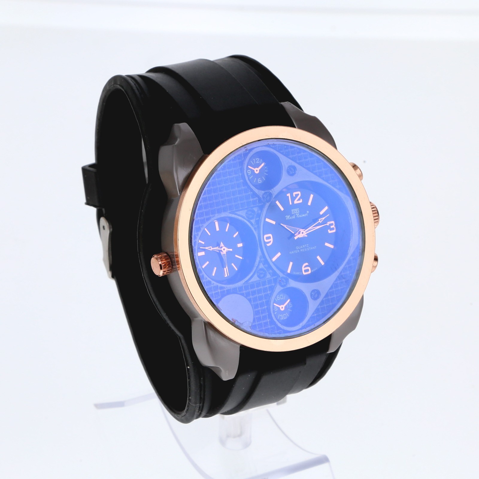 Big Bezel Dual Time Zone Gold Rose & Gray Finish Wide Black Silicon Band 50mm