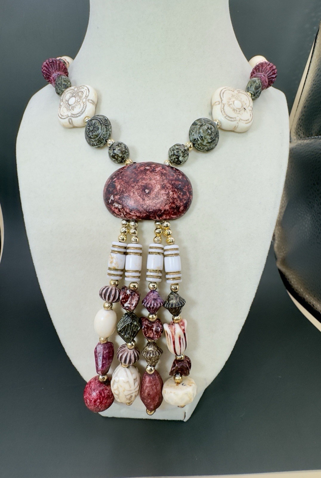 Vintage Artisan Mixed Bead Necklace Russia Market 32in With 4in Tassel Drop