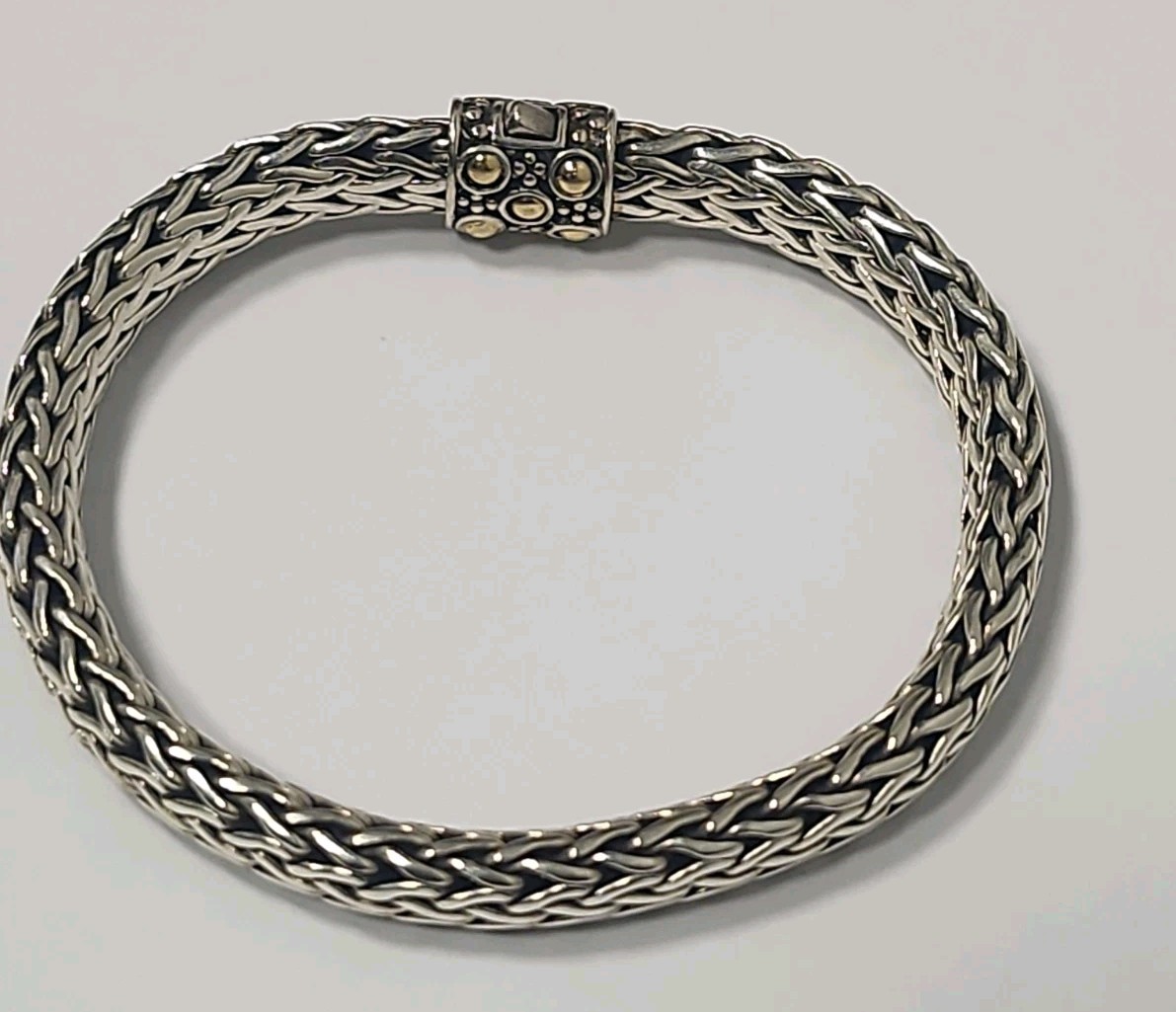 JOHN HARDY CLASSIC SS/18K GOLD DOT CLASP PUSH LOCK BRAIDED CHAIN BRACELET