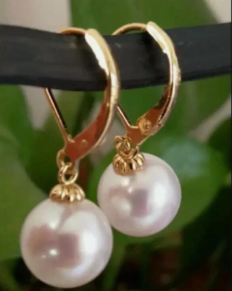 AAA 9-10mm Natural Round South Sea White Pearl Earrings in 14K Gold