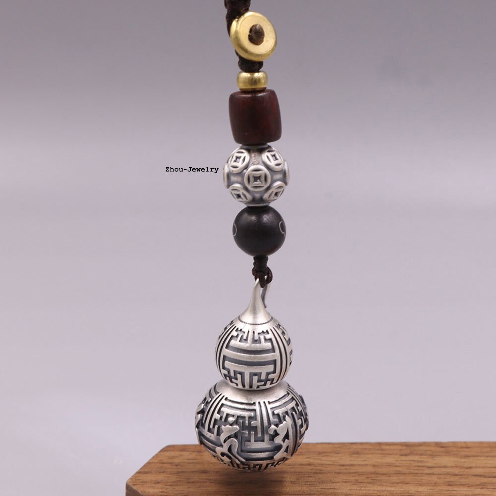Real 999 Fine Silver Pendant Buddhist Sutra Gourd Shaped Amulet Netsuke 15-17G