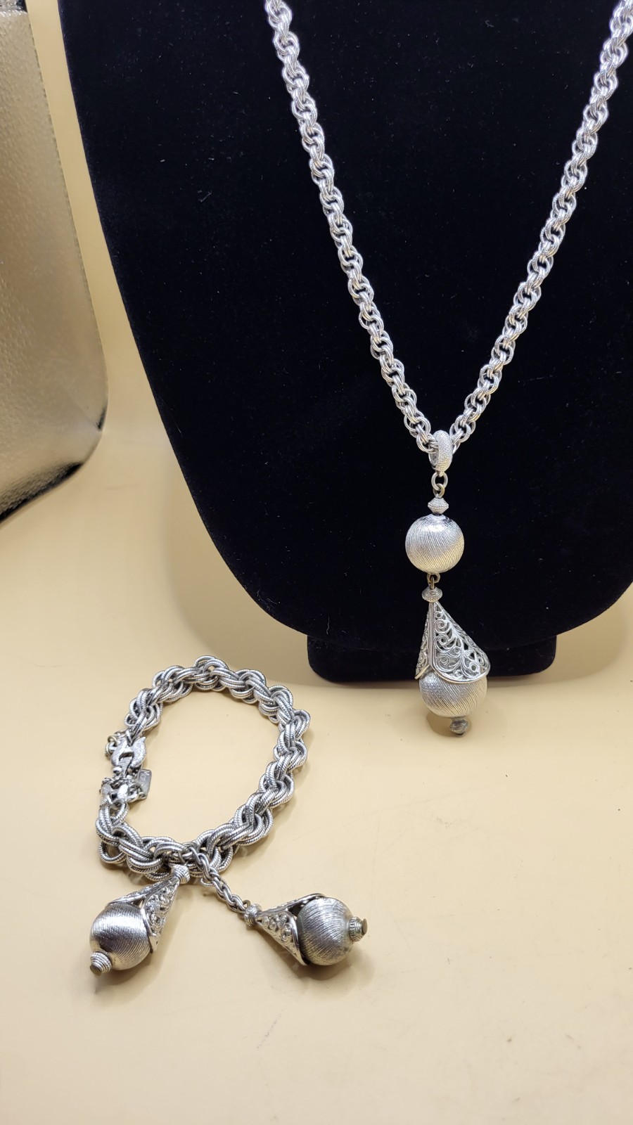 Vintage Signed Monet Bolero Necklace and Bracelet Set Silver Tone Brushed Finish