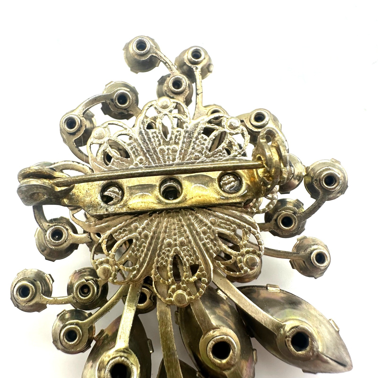 Vintage gold tone jonquil yellow topaz orange brown glass rhinestones brooch