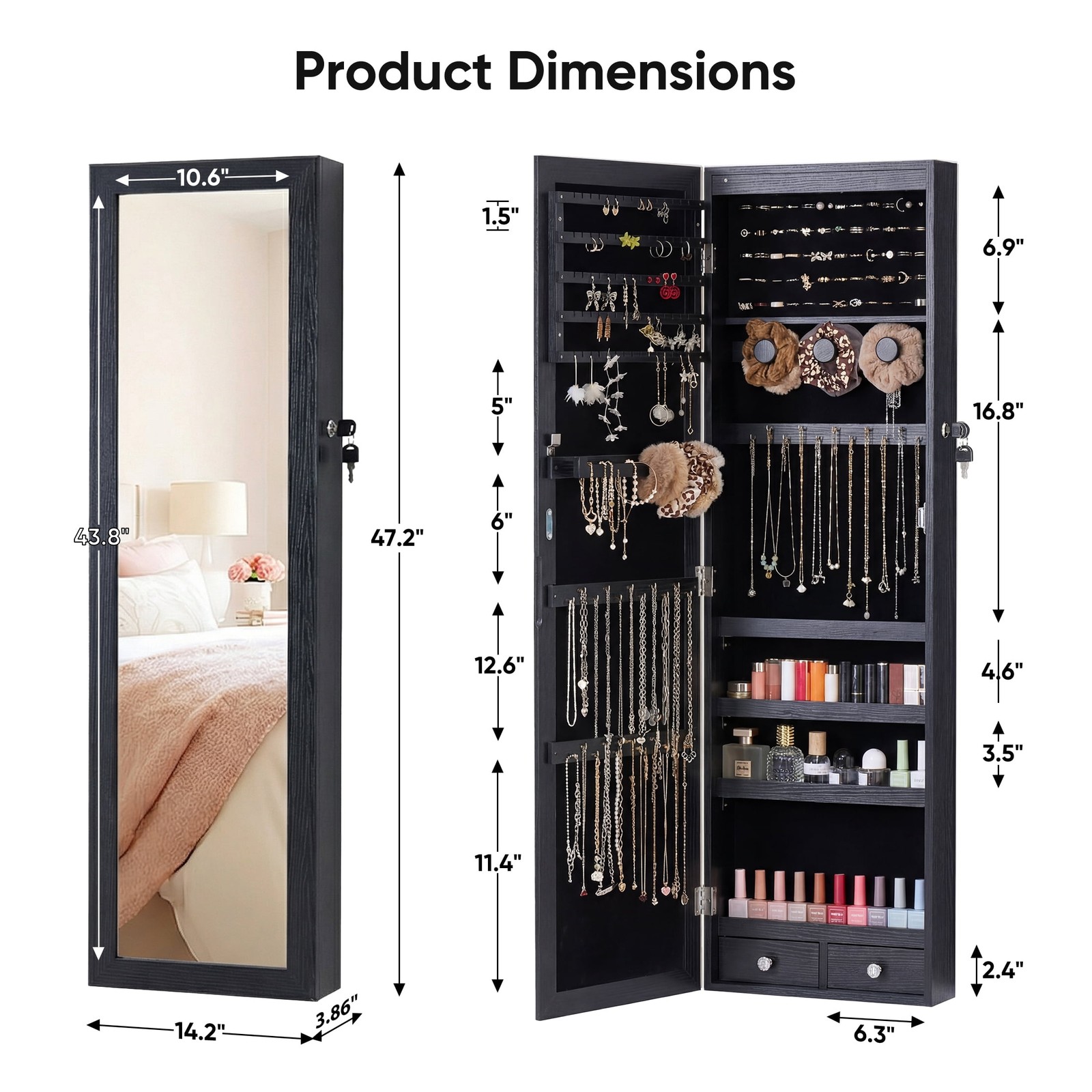 JHK Full Length Mirror Jewelry Cabinet w/ 6 LED Lights,Wall Mounted/Door Hanging