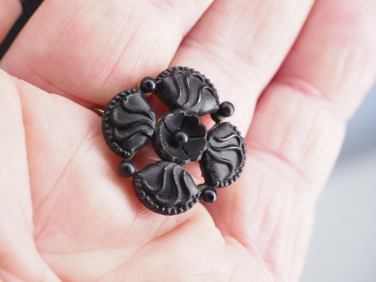 Antique jet Black Carved, Textured Glass Mourning Brooch Victorian Flower Pin