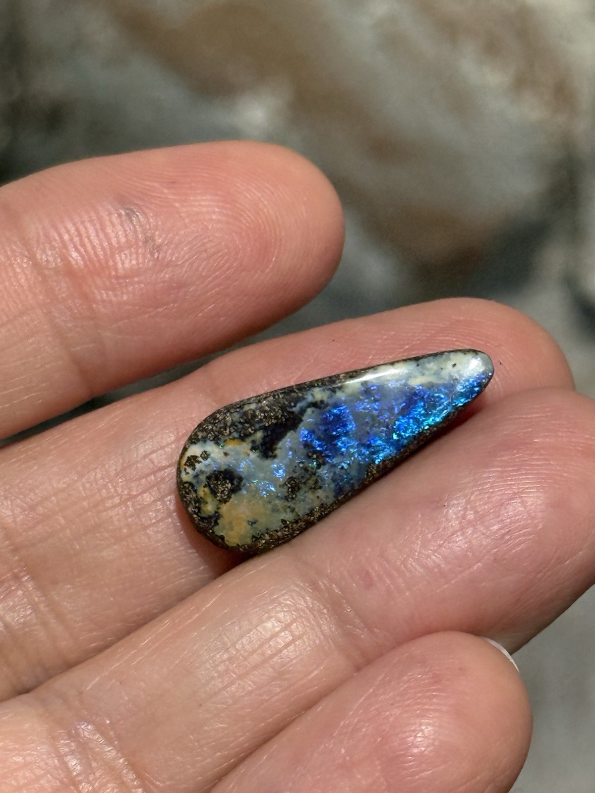 9.35ct 24x10x5mm Flashy Dark Blue Natural Boulder Australian Opal Drop Cabochon