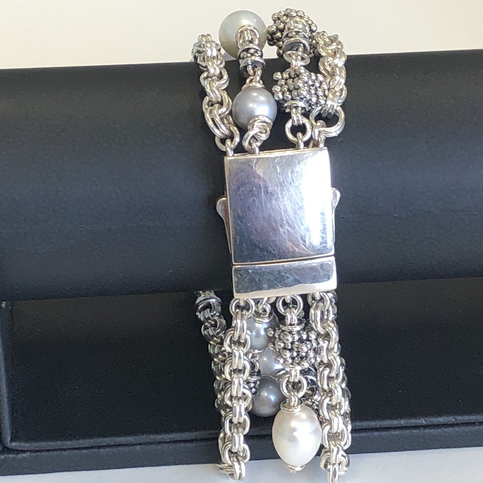 Excellent! Michael Dawkins Sterling Silver & Pearl 4-Strand Chain Bracelet 8″