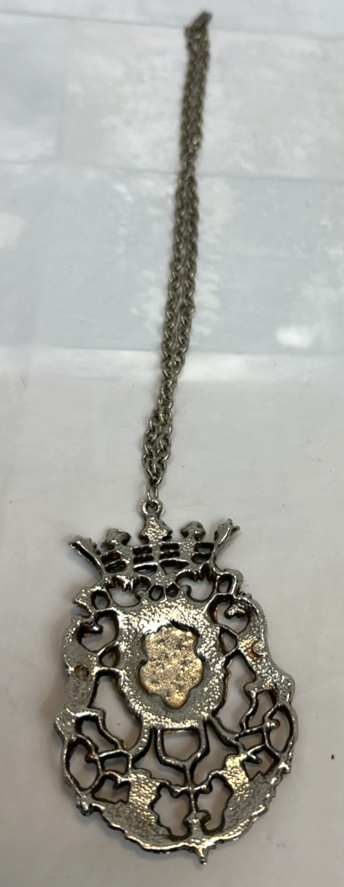 Vintage Heraldic Coat of Arms Pendant Necklace Blue Shield Lions Crown Gothic