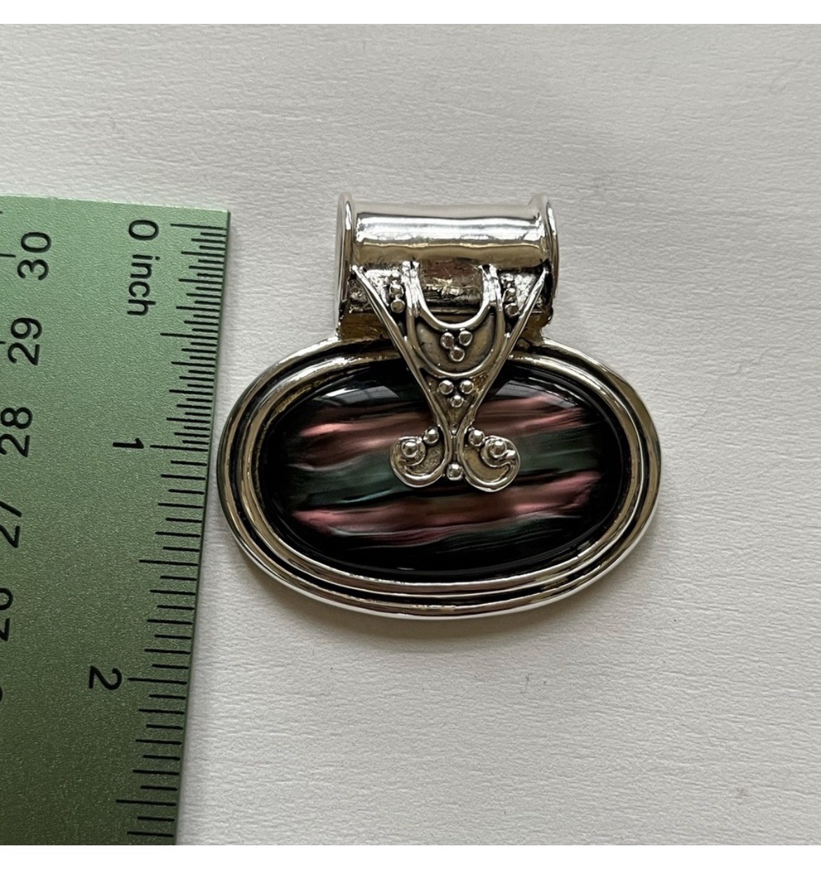 Silver Tone Oval Pendant Charm Bezel Set Black Pink Green Inlay