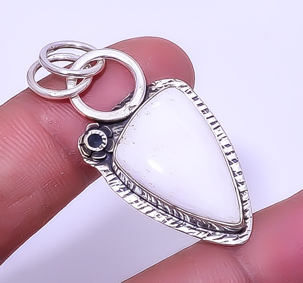 White Scolecite Sand Paper Textured 925 Sterling Silver Pendant 1.68″ A312