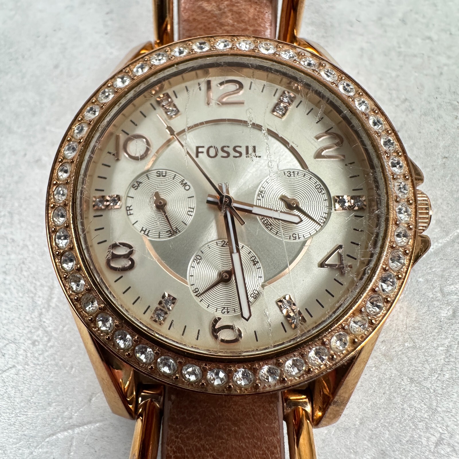 Fossil Watch Womens 37mm Pave Bezel Riley Day Date Rose Gold Tone New Battery