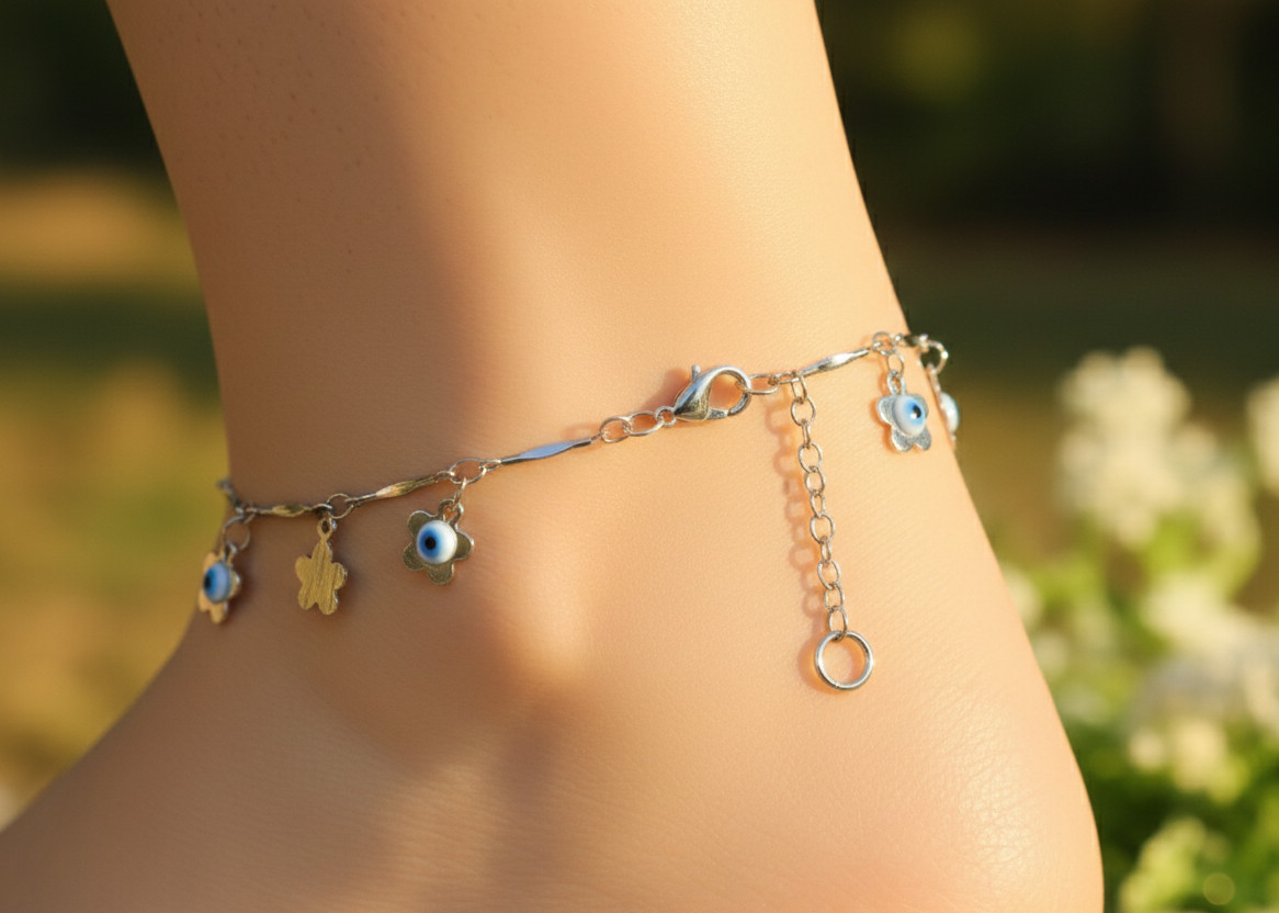 Chic Silver Tone Evil Eye Flower Charm Anklet for Women | Designer 925 Silver