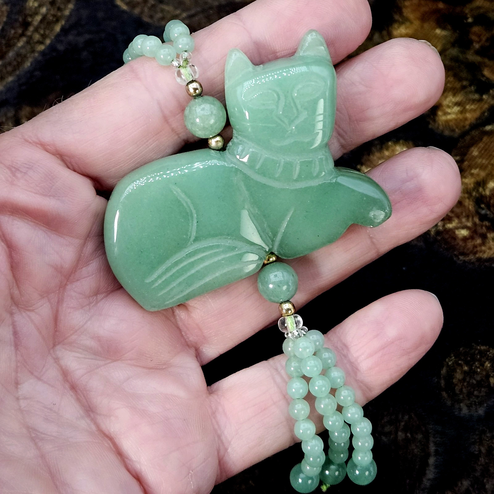 VTG Asian Jadeite Tested Carved Cat Pendant Necklace Aventurine Cloisonne 28″
