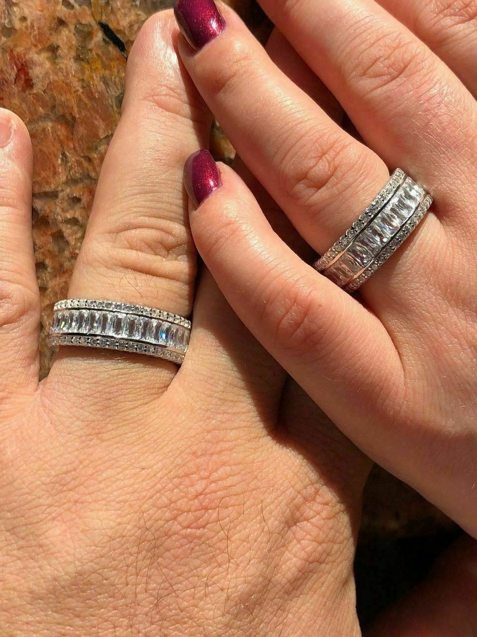 Anillo De PLATA 925 Maciza Con Diamantes Baguette Simulados Bañado en Oro 14K