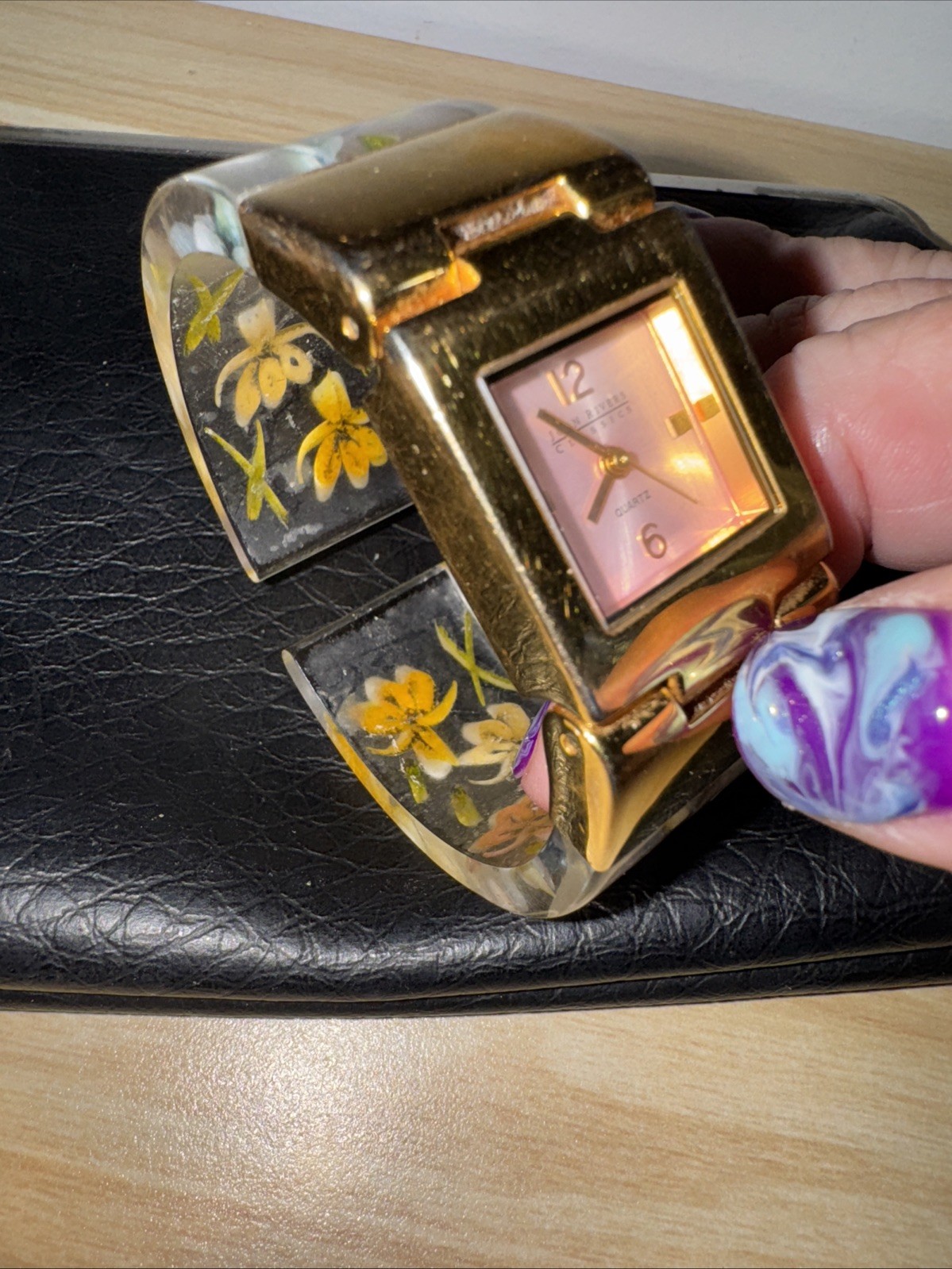 Joan Rivers Watch Floral Lucite Hinged Cuff * As Is* JOAN RIVERS CLASSICS V377
