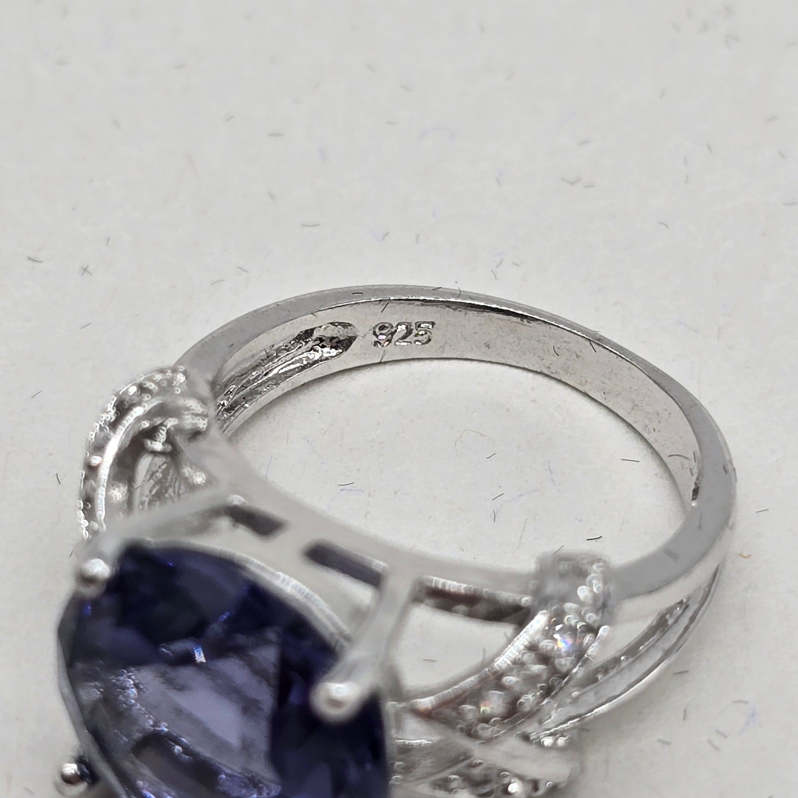 .925 Sterling Silver Pave Rhinestone and Blue Stone Cocktail Ring Size 6 Elegant