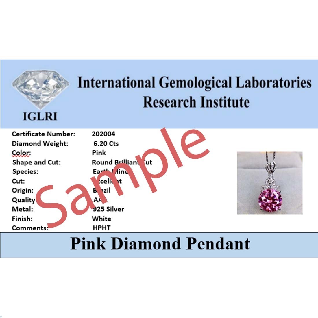 RARE 6.65 Ct Pink Treated Diamond Solitaire Pendant in 925 Silver Certified
