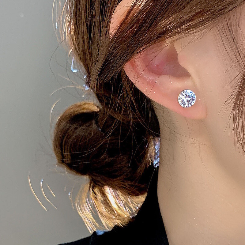 2PCS Non-Piercing Clip On Round Clear CZ Magnetic Stainless Steel Stud Earrings