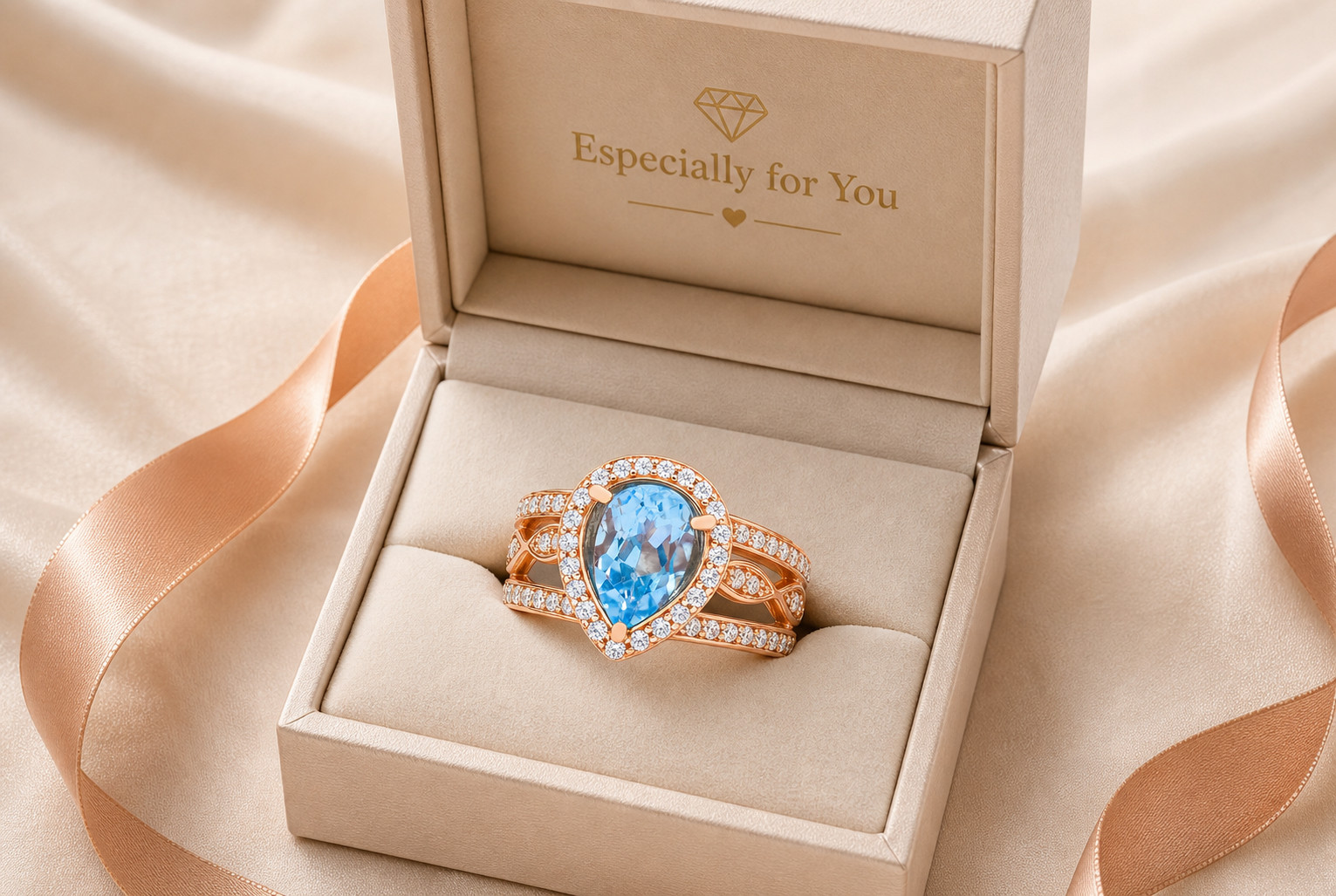 GENUINE 2.88 Cts BLUE TOPAZ & W/SAPPHIRE SET 3 RING 14K ROSE GOLD PLATED (.925)