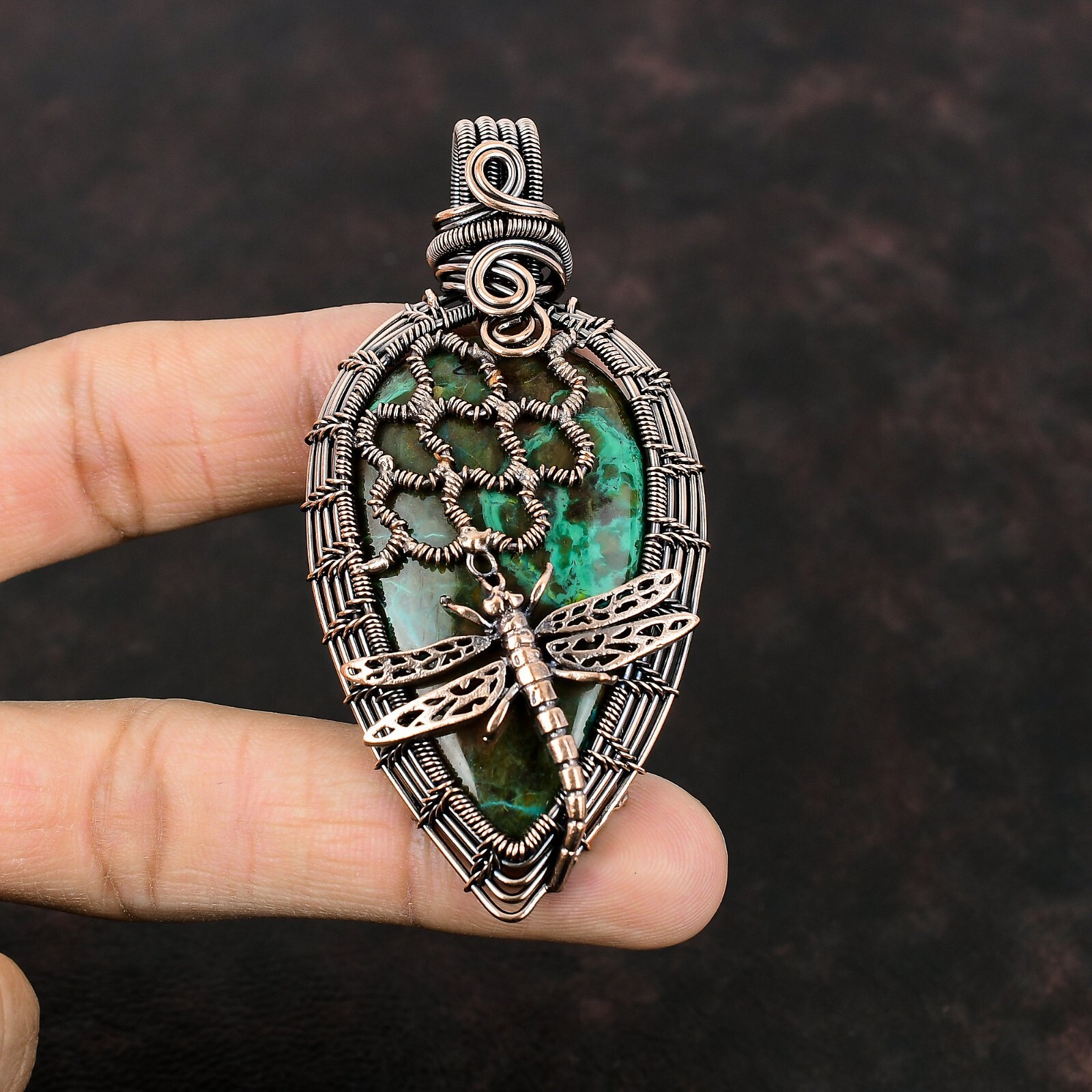 Gift Wire Wrapped Honeycomb And Dragonfly Pendant Copper Chrysocolla 3.23″