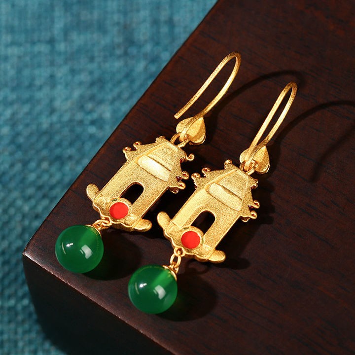 Chinese Enamel Gold Plated Earrings Palace Style Green Chalcedony Dangle